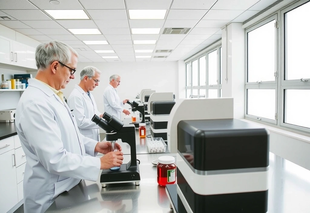 A modern, clean laboratory setting with scientists in white coats, focusing on quality control