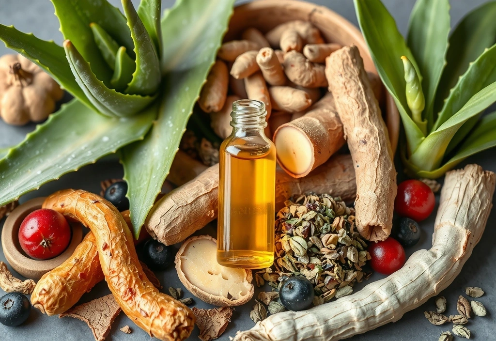 A vibrant collage of various natural ingredients like aloe vera, argan oil, and ginseng roots