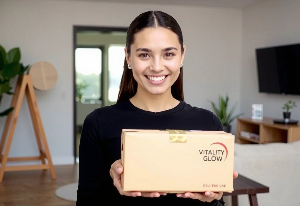 Woman looking at a shipping box with Vitalityandglowuaecocx branding, representing order and delivery