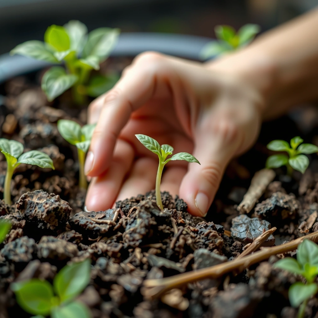Hand holding a sprouting plant in sustainable soil