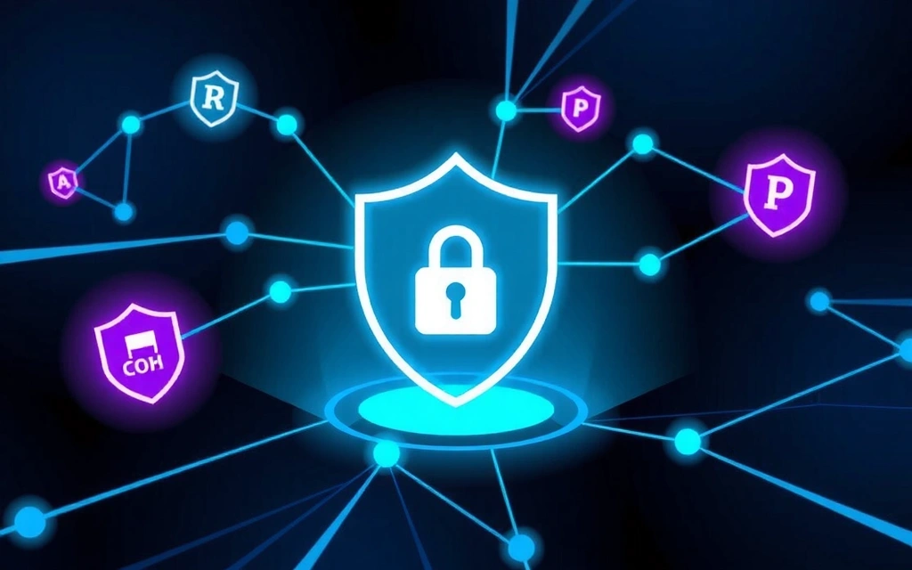 Shield icon protecting data with digital connections